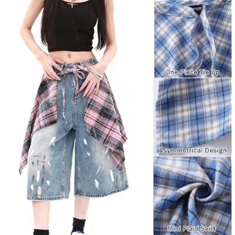 OULIGET Women's Grunge Mini Plaid Skirt, Hip-Hop One-Piece Tie Up Asymmetrical Skirt, Y2k Overlapping Jeans Decorate Skater - Image 2