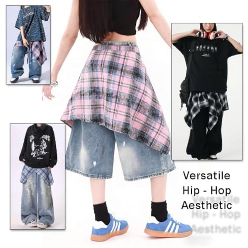 OULIGET Women's Grunge Mini Plaid Skirt, Hip-Hop One-Piece Tie Up Asymmetrical Skirt, Y2k Overlapping Jeans Decorate Skater - Image 5