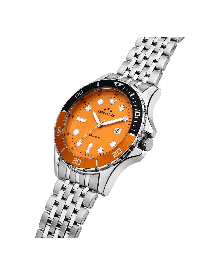 Chronostar Men's Orange Round Analog Dial with Silver Stainless Steel Band Watch - 43mm - R3753318005 - Image 5