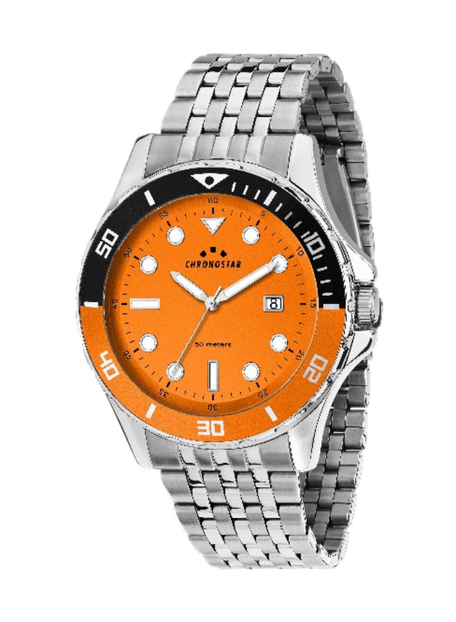 Chronostar Men's Orange Round Analog Dial with Silver Stainless Steel Band Watch - 43mm - R3753318005 - Image 1