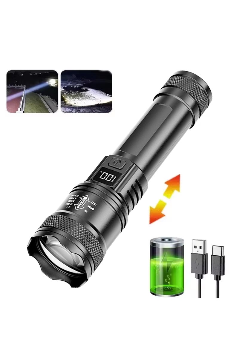 إيروريكس 384-A مصباح يدوي فائق السطوع بقوة 100000 لومن، مزود بمنفذ USB-C قابل لإعادة الشحن، مصباح LED طويل المدى تكتيكي للاستخدام الخارجي