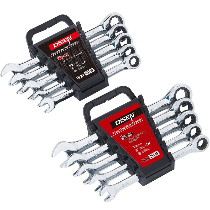 DISEN 10Pcs Ratcheting Wrench Set SAE & Metric Ratchet Wrench Set with Rack Organizer, Premium CR-v Steel, 12 Point, 72 Teeth,Box End and Open End Ratcheting Wrench Set,Metric 10-15mm&SAE 3/8''-5/8'' - Image 1