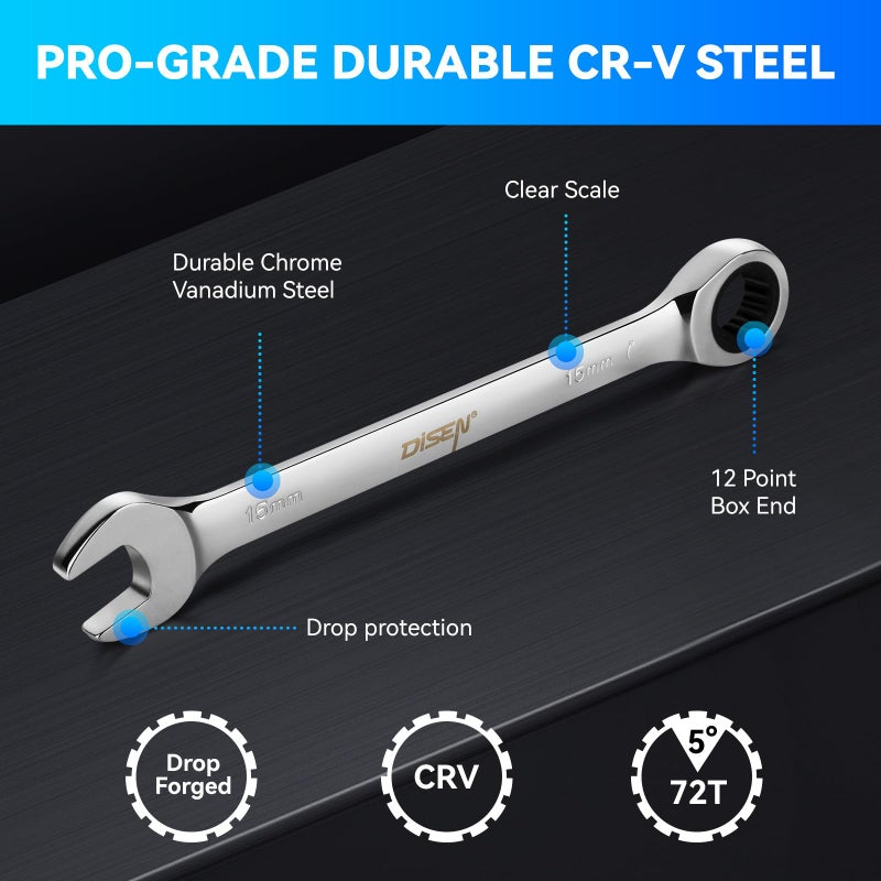 DISEN 10Pcs Ratcheting Wrench Set SAE & Metric Ratchet Wrench Set with Rack Organizer, Premium CR-v Steel, 12 Point, 72 Teeth,Box End and Open End Ratcheting Wrench Set,Metric 10-15mm&SAE 3/8''-5/8'' - Image 2