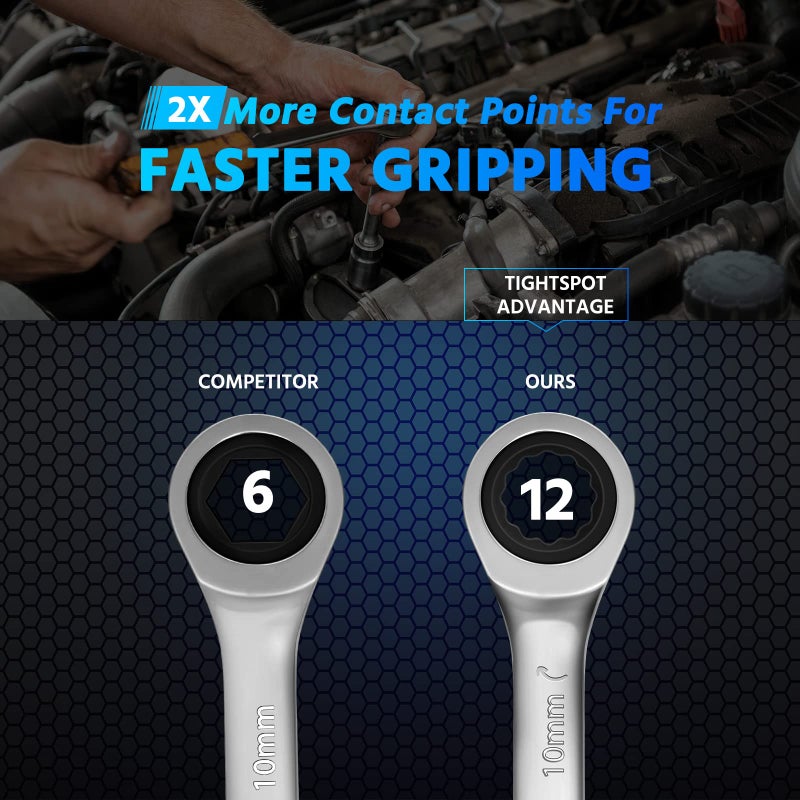 DISEN 10Pcs Ratcheting Wrench Set SAE & Metric Ratchet Wrench Set with Rack Organizer, Premium CR-v Steel, 12 Point, 72 Teeth,Box End and Open End Ratcheting Wrench Set,Metric 10-15mm&SAE 3/8''-5/8'' - Image 3