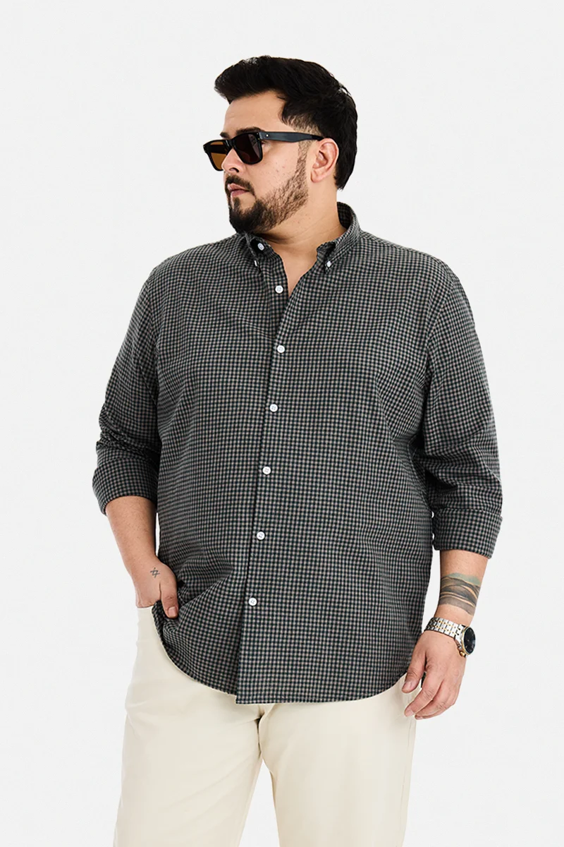 SNITCH Olive Checkered Long Sleeve Regular Fit Plus Size Shirt