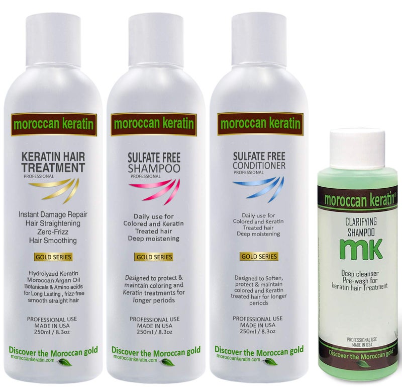MOROCCAN KERATIN سلسلة الذهب المغربية لعلاج الشعر بالكيراتين البرازيلي - علاج الشعر - مجموعة 4 قطع كبيرة