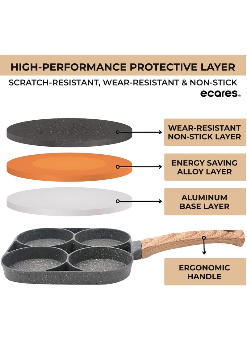 ECARES - ECARES® Non-Stick Egg Frying Pan, Four-Cup Medical Stone Egg Pan, Ergonomic Egg Frying Pan, Granite Egg Cooker Pan, Pancake Maker, Suitable Gas Stoves & Induction Cooktops, 100% PFOS & PFOA-Free,Black - Image 1