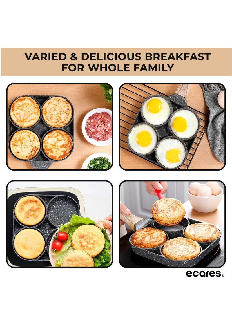 ECARES - ECARES® Non-Stick Egg Frying Pan, Four-Cup Medical Stone Egg Pan, Ergonomic Egg Frying Pan, Granite Egg Cooker Pan, Pancake Maker, Suitable Gas Stoves & Induction Cooktops, 100% PFOS & PFOA-Free,Black - Image 1