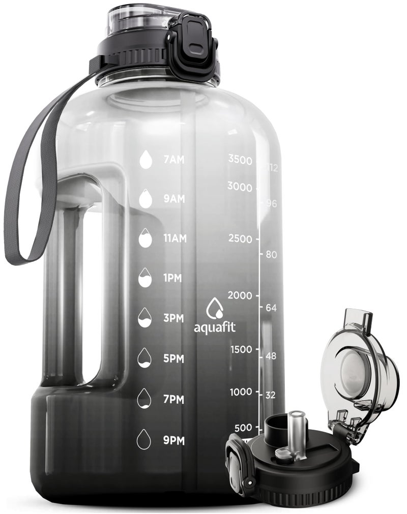 زجاجة ماء AQUAFIT سعة 128 أونصة مع علامة الوقت خالية من BPA زجاجة ماء سعة 1 جالون مع مقبض أومبري 128 أونصة غطاء 2 في 1