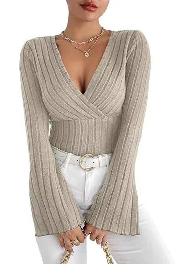 general Ribbed stripe V-neck fitted long-sleeved women's t-shirt - Image 1