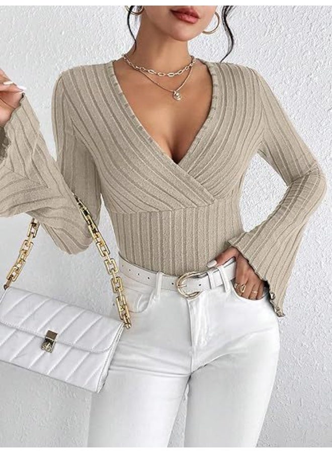 general Ribbed stripe V-neck fitted long-sleeved women's t-shirt - Image 2