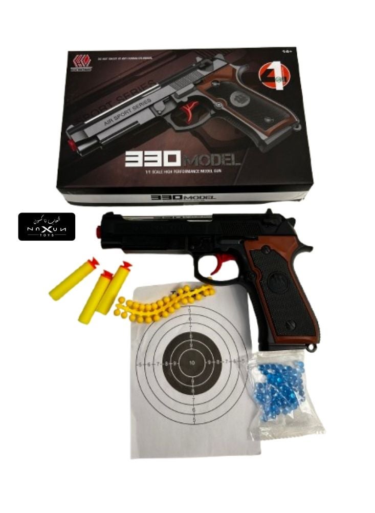 Airsoft Toy Gun 330 Model – Soft Bullet Pistol with Target Board & Accessories for Kids