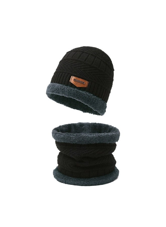 Men's 2-piece winter beanie set consisting of a hat and a thick fleece-lined scarf, warm knitted winter hats to keep the neck warm for men and women, black and blue. - Image 1