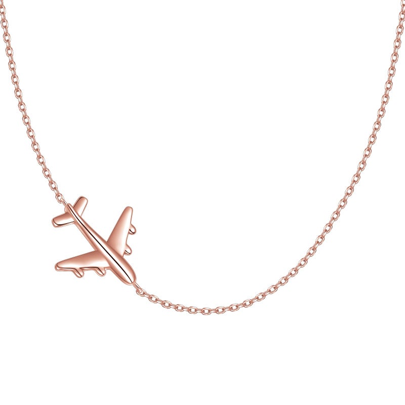 FLYOW Airplane Sideways Choker Necklace S925 Sterling Silver Aircraft Jelwery Adjustable Clavicle Necklace 153 Inch for Women Lady Best Gifts for Stewardess Flight Attendants Rose Golden - Image 2
