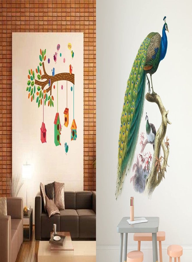Walltech Set of 2 Wall Sticker Bird House On A Branch and Nature Peacock Wall Sticker - Image 1
