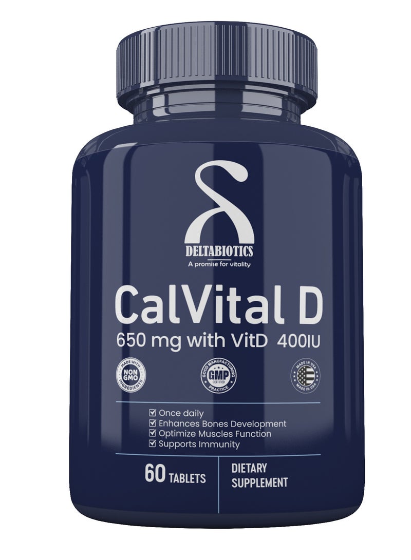 Deltabiotics Calvital D - 650 mg Calcium with Vitamin D 400 IU 60 Tablets  - Image 1
