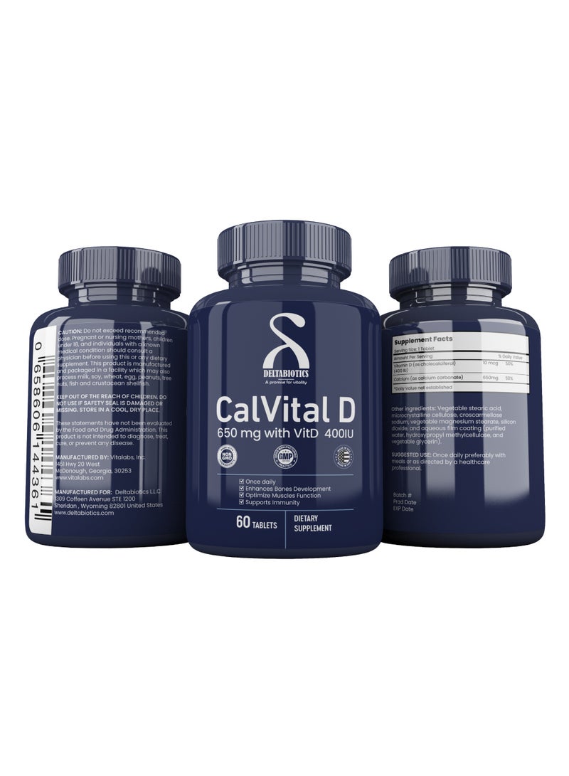 Deltabiotics Calvital D - 650 mg Calcium with Vitamin D 400 IU 60 Tablets  - Image 3