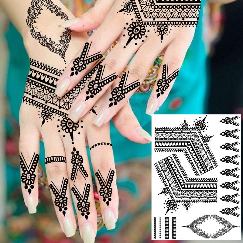Bilizar Vintage India Sexy Hands Temporary Tattoos For Women Finger Girls Adults, 4 Sheets Bohemia Lace Black Lotus Mandala Flower Fake Jewels Tattoo Sticker Kits Stencils, Party Favor Supplies Decoration - Image 5
