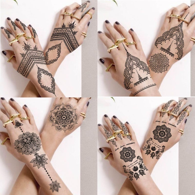 Bilizar Vintage India Sexy Hands Temporary Tattoos For Women Finger Girls Adults, 4 Sheets Bohemia Lace Black Lotus Mandala Flower Fake Jewels Tattoo Sticker Kits Stencils, Party Favor Supplies Decoration - Image 1