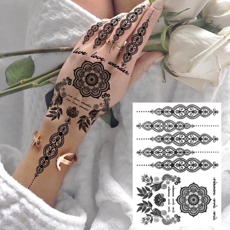 Bilizar Vintage India Sexy Hands Temporary Tattoos For Women Finger Girls Adults, 4 Sheets Bohemia Lace Black Lotus Mandala Flower Fake Jewels Tattoo Sticker Kits Stencils, Party Favor Supplies Decoration - Image 3
