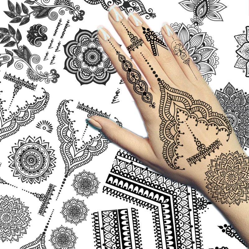 Bilizar Vintage India Sexy Hands Temporary Tattoos For Women Finger Girls Adults, 4 Sheets Bohemia Lace Black Lotus Mandala Flower Fake Jewels Tattoo Sticker Kits Stencils, Party Favor Supplies Decoration - Image 2