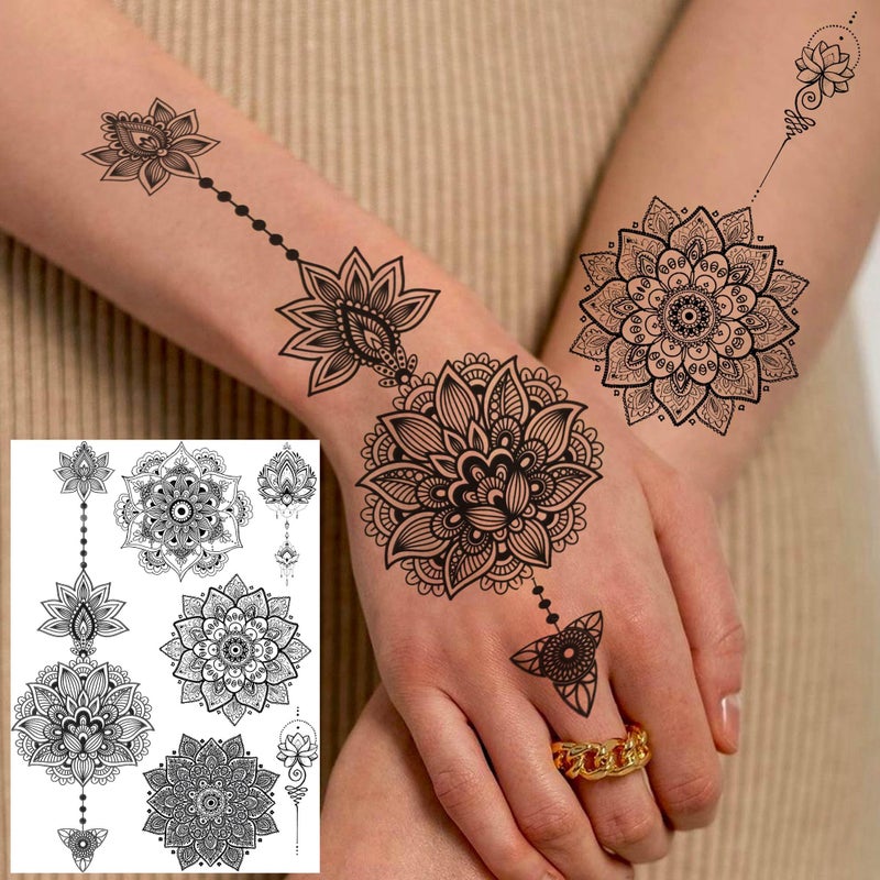 Bilizar Vintage India Sexy Hands Temporary Tattoos For Women Finger Girls Adults, 4 Sheets Bohemia Lace Black Lotus Mandala Flower Fake Jewels Tattoo Sticker Kits Stencils, Party Favor Supplies Decoration - Image 4