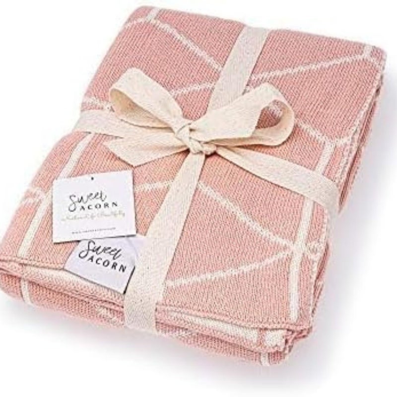 Sweet Acorn Knit Baby Blanket in Geometric Pattern Organic Cotton Blankets for Crib or Stroller Receiving Blankets  Dahlia Pink