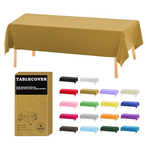 DZ Plastic Tablecloth Disposable 6 Pack Gold Table Cloth Individually Wrapped for IndoorOutdoor 54 x 108 Inch Table Cover for Rectangle Table Ideal for Party Picnic Birthday Wedding  Dinner