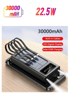 Wireless Portable Charger Power Bank 30000 Mah with Built in 4 Cable USB Type C, Usb, Micro USB, Lightning Cable With 22.5W  Smart LED Display for iPhone Series, Samsung, Android Color Black