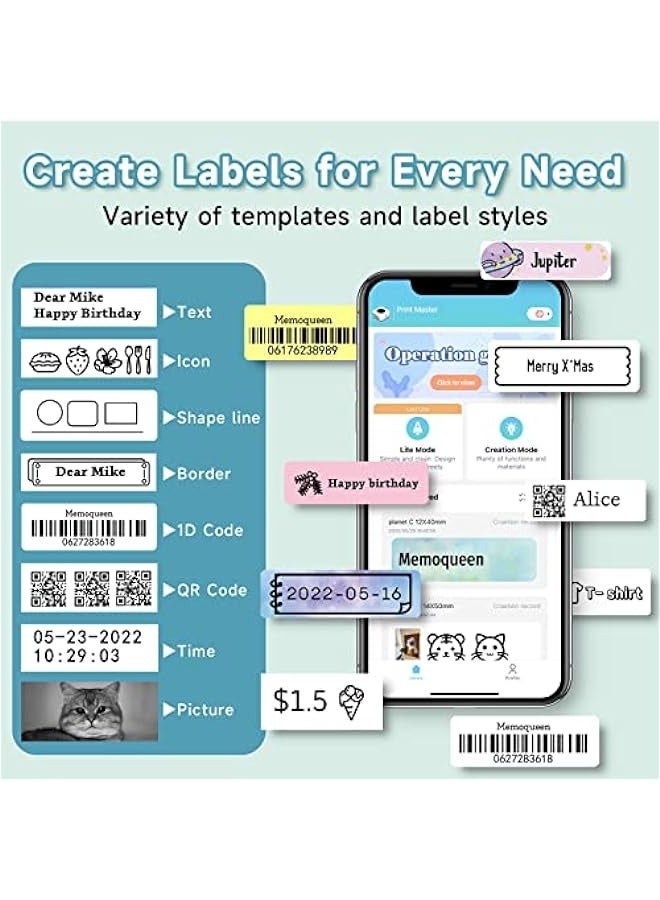 فوميمو تسمية صانع الشريط ، D30 المحمولة طابعة بلوتوث التسمية ، التخزين ، بار رمز ، البريد الإلكتروني ، مكتب ، المنزل ، المنظمة ، متعدد قالب ملصق صغير مع 3 لفات - Image 3
