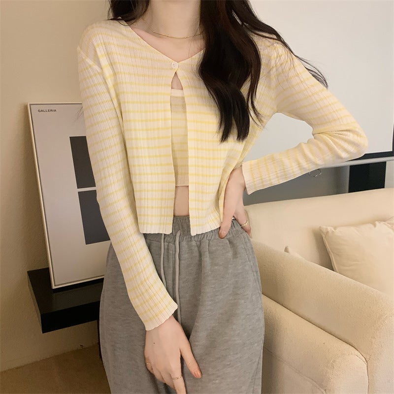 2023 Summer Chic Knit Stripe Jumpsuit and Cardigan Set Yellow  - Image 1