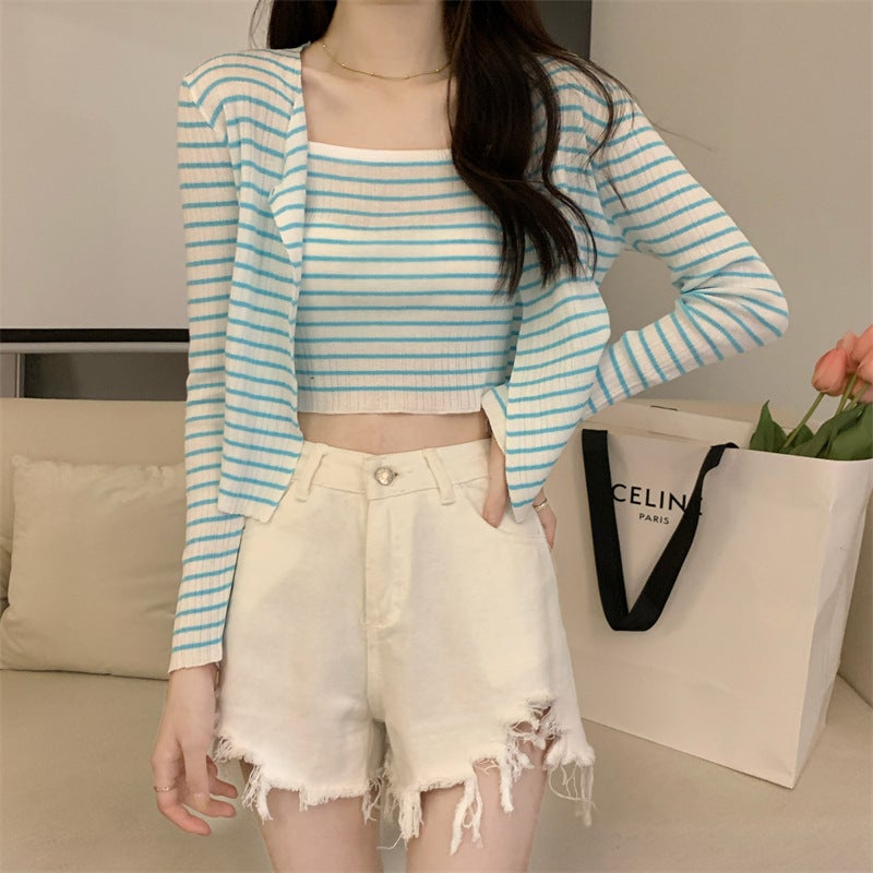 2023 Summer Chic Knit Stripe Jumpsuit and Cardigan Set Yellow  - Image 5