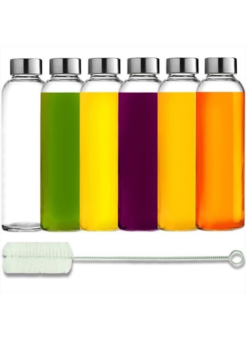 Glass Water Bottles With Caps: Clear, 6 Pack, 18 Oz, Leakproof Lids, Premium Soda Lime, Best As Reusable Drinking Bottle, Sauce Jar, Juice Beverage Container, Kefir Kit, With Cleaning Brush