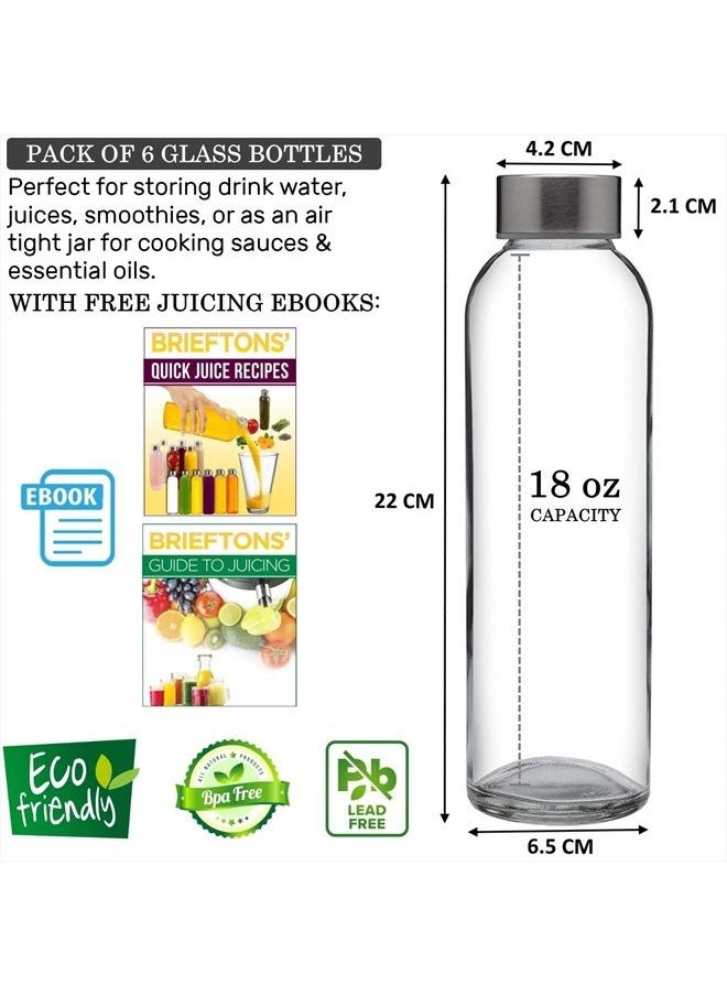 Glass Water Bottles With Caps: Clear, 6 Pack, 18 Oz, Leakproof Lids, Premium Soda Lime, Best As Reusable Drinking Bottle, Sauce Jar, Juice Beverage Container, Kefir Kit, With Cleaning Brush