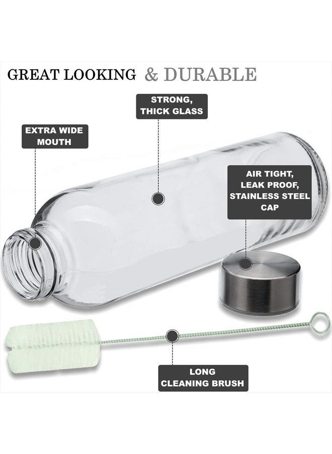 Glass Water Bottles With Caps: Clear, 6 Pack, 18 Oz, Leakproof Lids, Premium Soda Lime, Best As Reusable Drinking Bottle, Sauce Jar, Juice Beverage Container, Kefir Kit, With Cleaning Brush