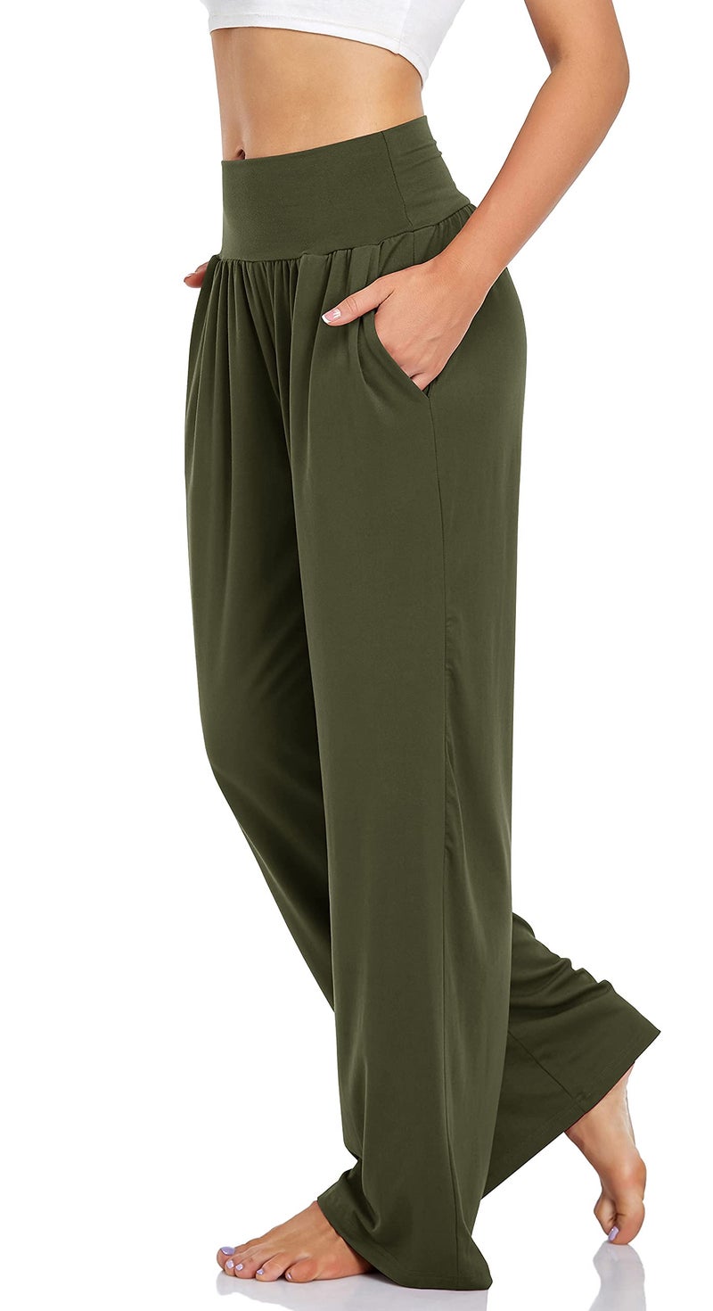 UEU Women's Plus Size Baggy High Waist Pants Casual Loose Fit Loungewear Ladies Lounge High Wide Leg Pant with Pockets(ArmyGreen,XL) - Image 2