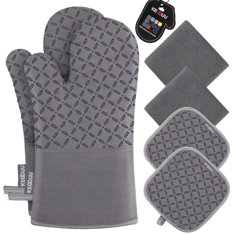 KEGOUU KEGOUU Oven Mitts and Pot Holders 6pcs Set Kitchen Oven Glove High Heat Resistant 500 Degree Extra Long Oven Mitts and Potholder with NonSlip Silicone Surface for Cooking Grey 