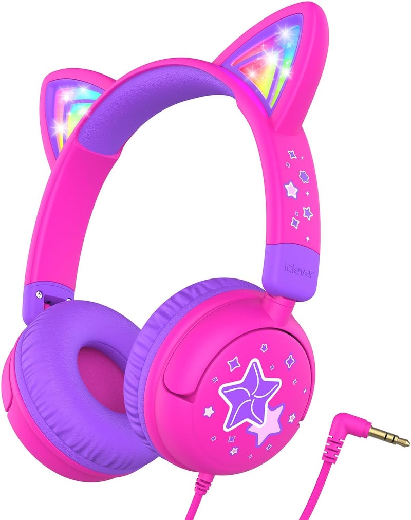 iClever Kids Headphones, LED Light Up Cat Ear, 85dBA Safe Volume, Stereo Sound, Foldable 3.5mm Wired for School Travel Tablets - Image 1
