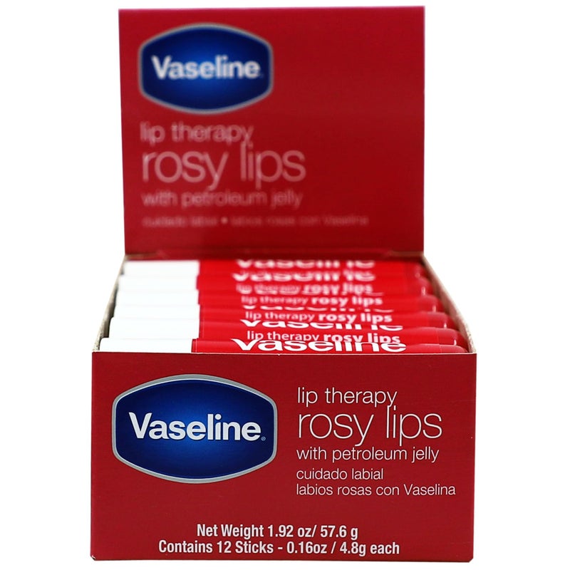 Vaseline فازلين بلسم الشفاه الوردية تغذية سريعة مثالية للشفاه المتشققة والجافة والتالفة 12 قطعة في علبة