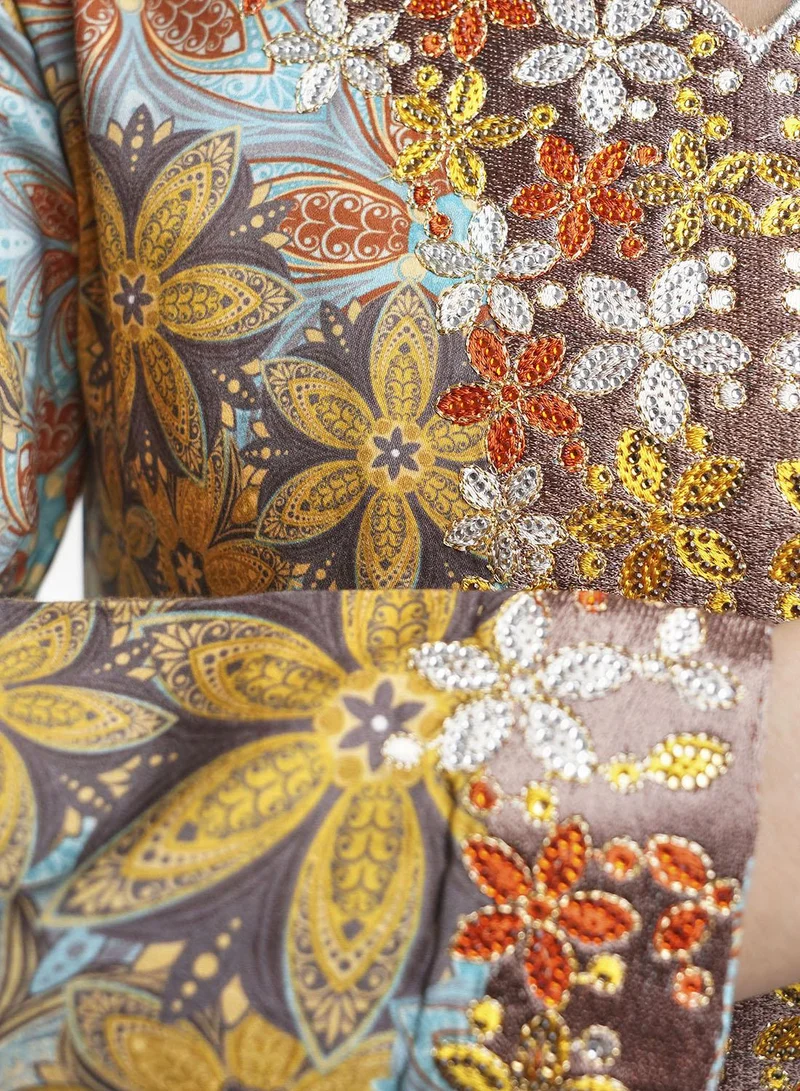 Kashkha  Mustard Kuwaiti Cut Cotton Satin Floral Print Jalabiya (VW268) for Women | Best Price UAE