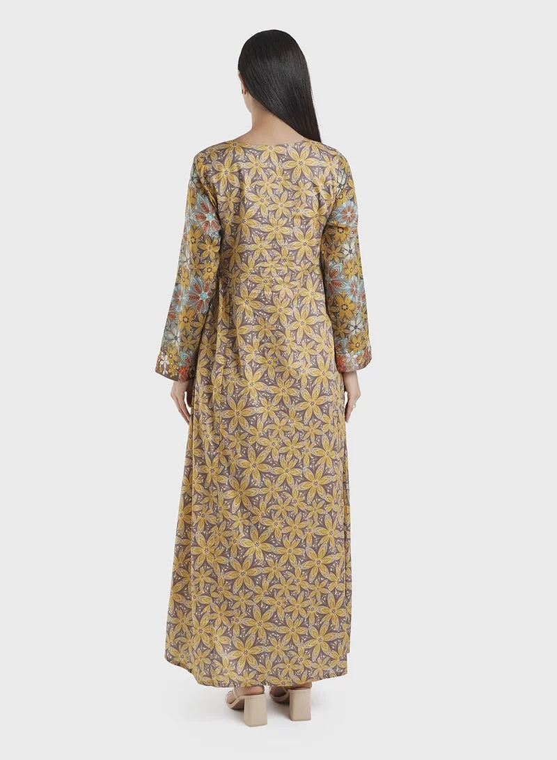 Kashkha  Mustard Kuwaiti Cut Cotton Satin Floral Print Jalabiya (VW268) for Women | Best Price UAE