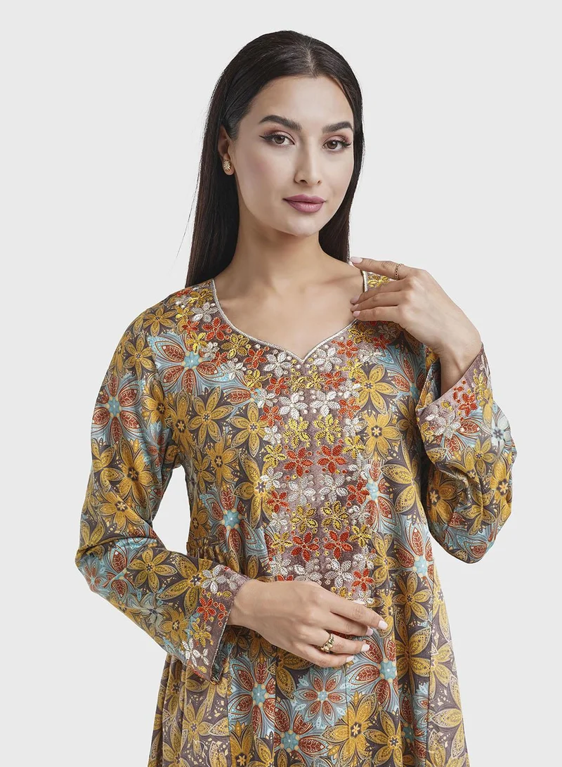 كشخة Mustard Kuwaiti Cut Cotton Satin Floral Print Jalabiya (VW268)