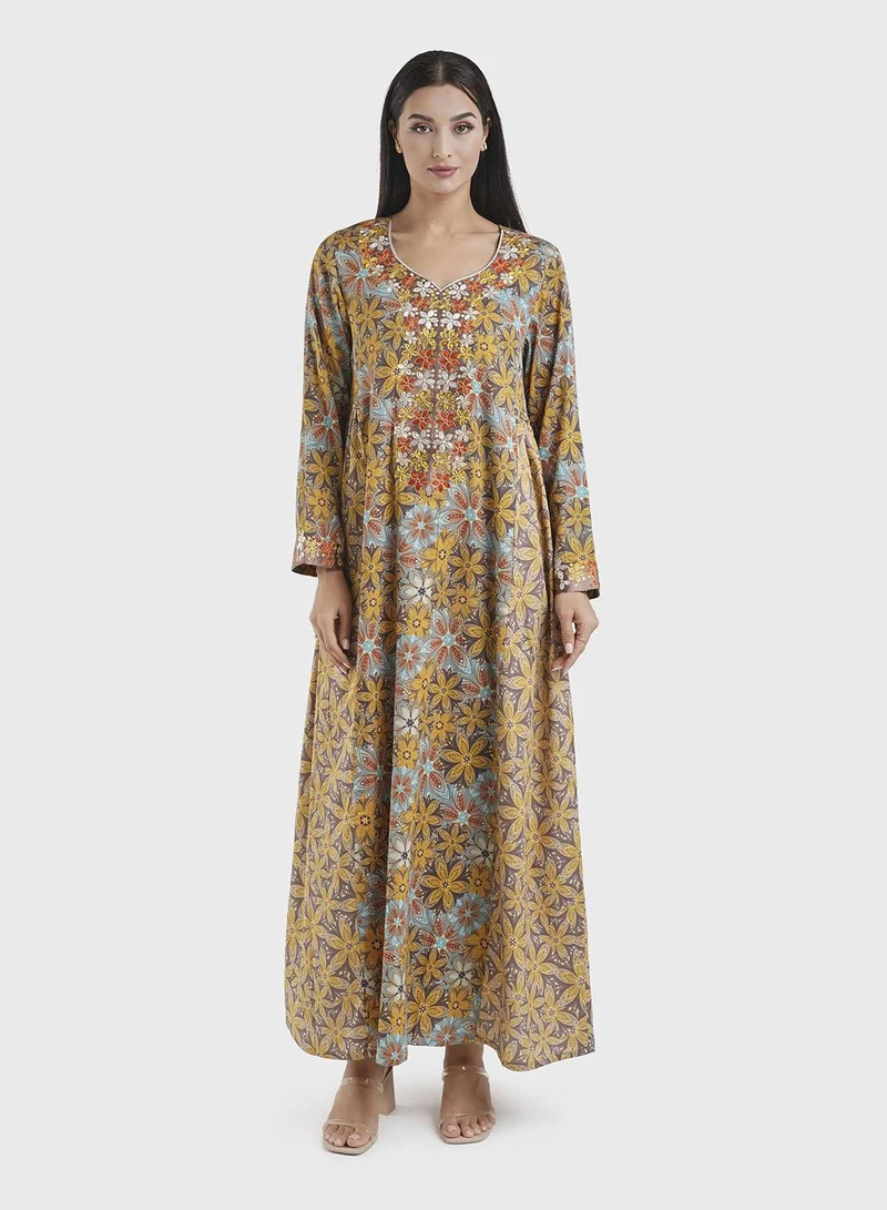 كشخة Mustard Kuwaiti Cut Cotton Satin Floral Print Jalabiya (VW268)