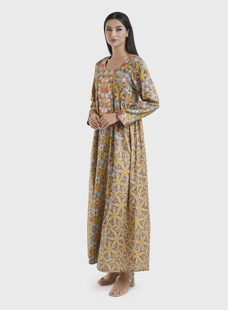Kashkha  Mustard Kuwaiti Cut Cotton Satin Floral Print Jalabiya (VW268) for Women | Best Price UAE