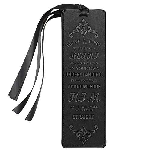 FINPAC Leather Bible Bookmarks, Vegan Religious Bookmarks, Bible Verse Book Markers Church Gifts for Women Men [Trust in The Lord with All Your Heart] - Black - Image 1