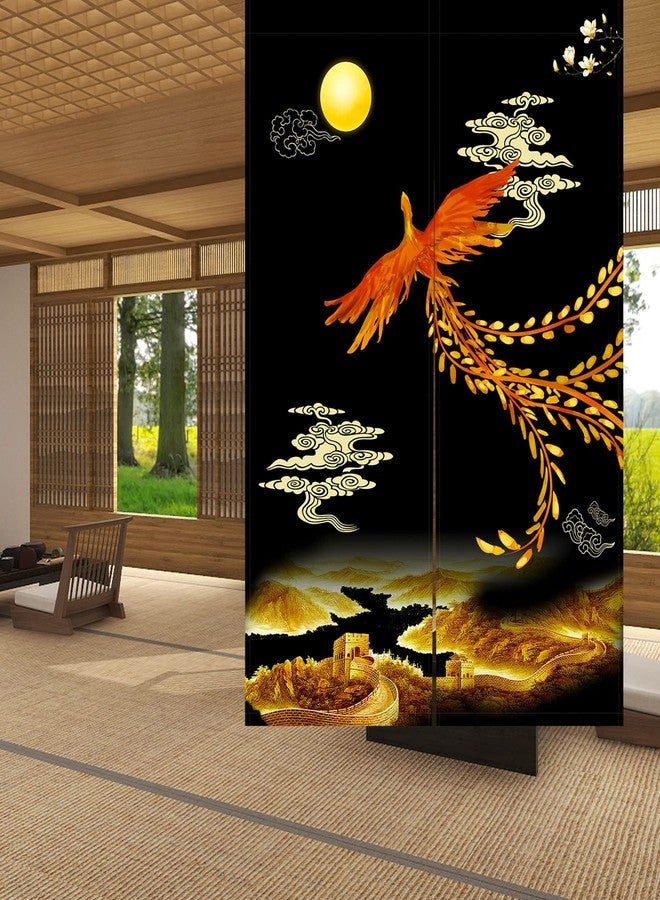 LIGICKY Chinese Style Japanese Noren Doorway Curtain Traditional Golden Phoenix Great Wall Full Moon Printed Asian Window Treatment Hanging Door Tapestry for Sushi Kitchen Home Decor 33.5" x 47.2" - Image 2