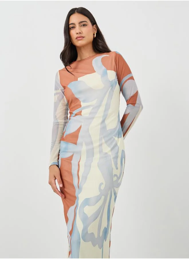 ستايلي Styli Printed Long Sleeves Bodycon Maxi Dress