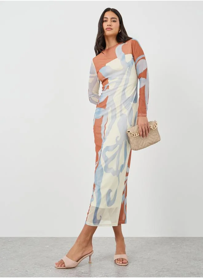 ستايلي Styli Printed Long Sleeves Bodycon Maxi Dress