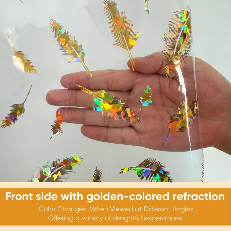 TRIMENGO Holographic Shower Curtain Liner, Dual-Sided Iridescent Gold & Multicolor, Glitter Feather Pattern, PEVA Bathroom Clear Plastic Shower Curtain with Rustproof Grommets &Magnets, Waterproof 70x72 Inches - Image 2