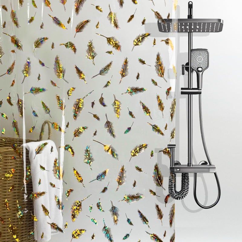 TRIMENGO Holographic Shower Curtain Liner, Dual-Sided Iridescent Gold & Multicolor, Glitter Feather Pattern, PEVA Bathroom Clear Plastic Shower Curtain with Rustproof Grommets &Magnets, Waterproof 70x72 Inches - Image 1